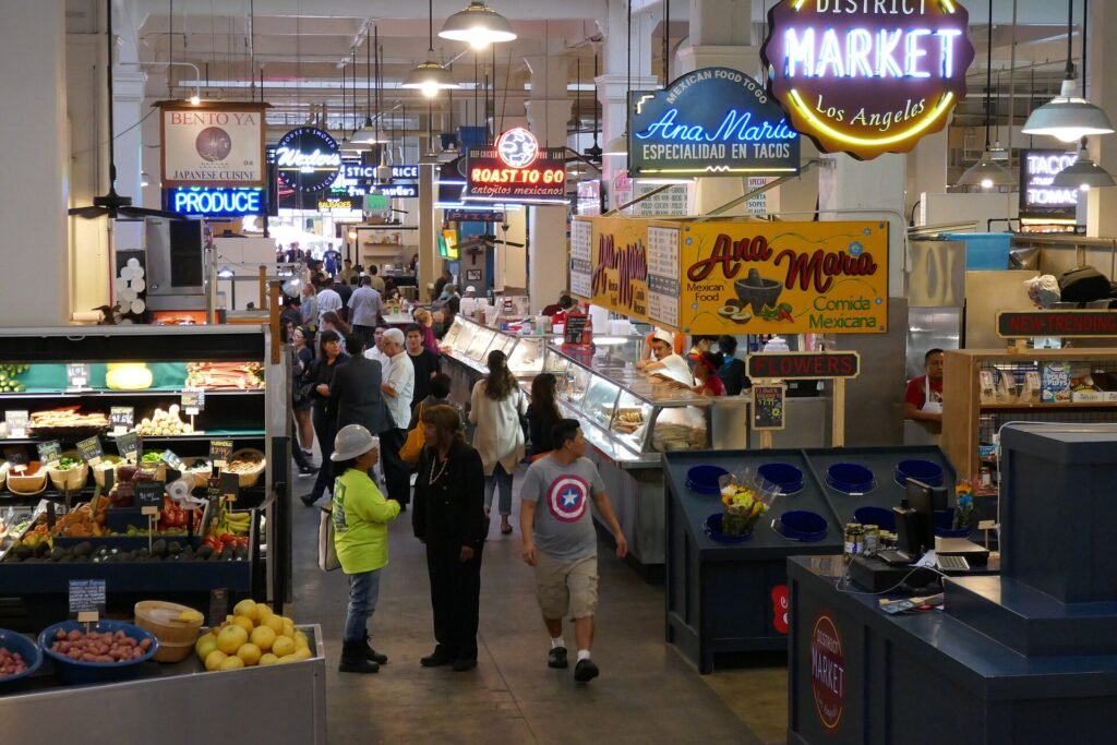 Food stalls inside Grand Central Market in downtown Los Angeles