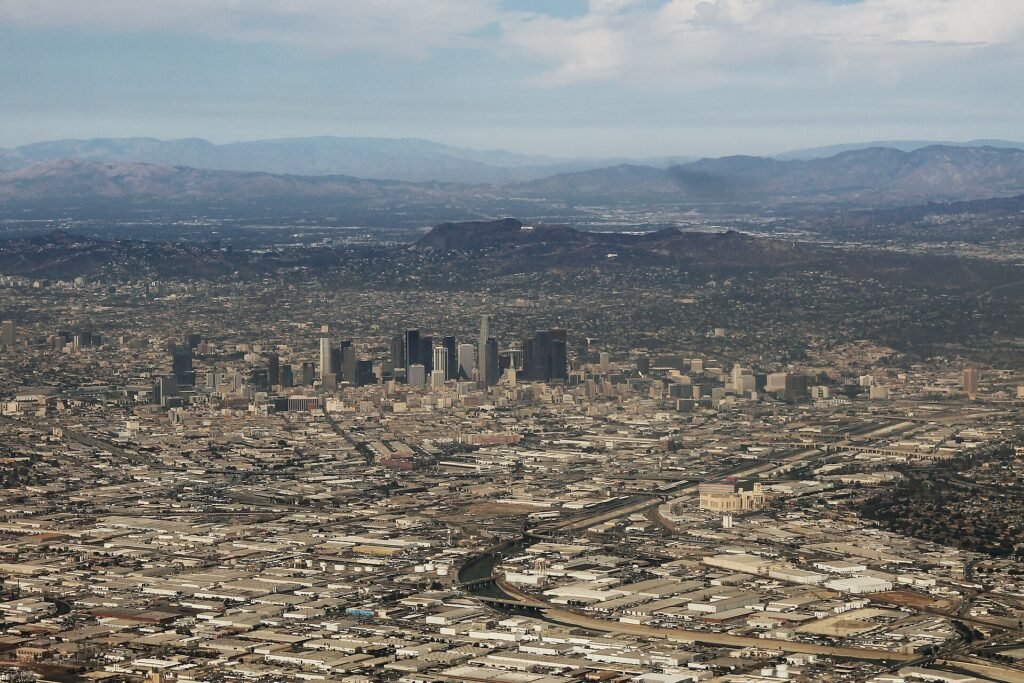 Aerial view of the downtown Los Angeles skyline in October