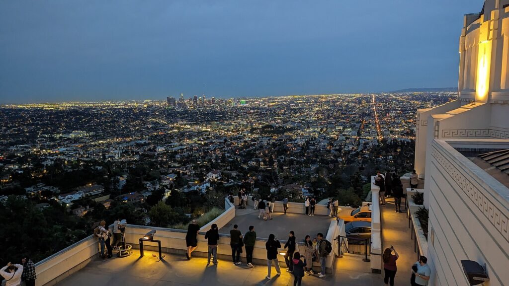 City lights of Los Angeles at dusk seen from the Griffith Observatory roof