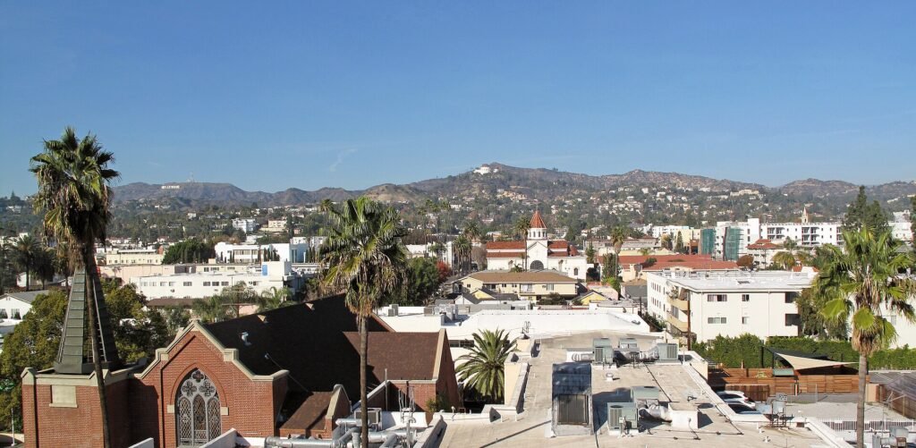 Griffith Park with the Hollywood Sign and Griffith Observatory seen from Sunset Boulevard