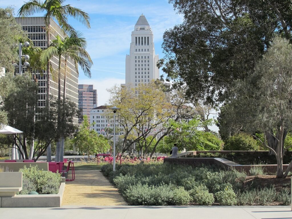 Grand Park in downtown Los Angeles looking toward City Hall