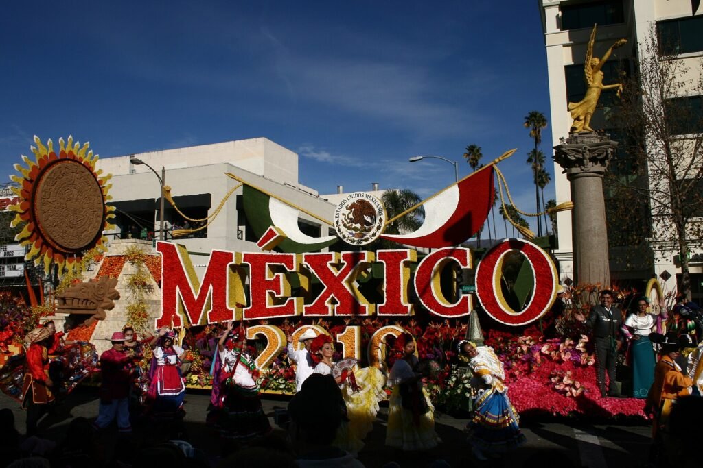 A flower-covered float in the Rose Parade in Pasadena